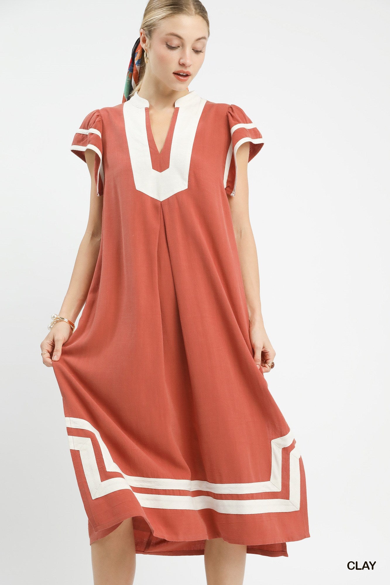 Contrast Neckline Linen Midi Dress -