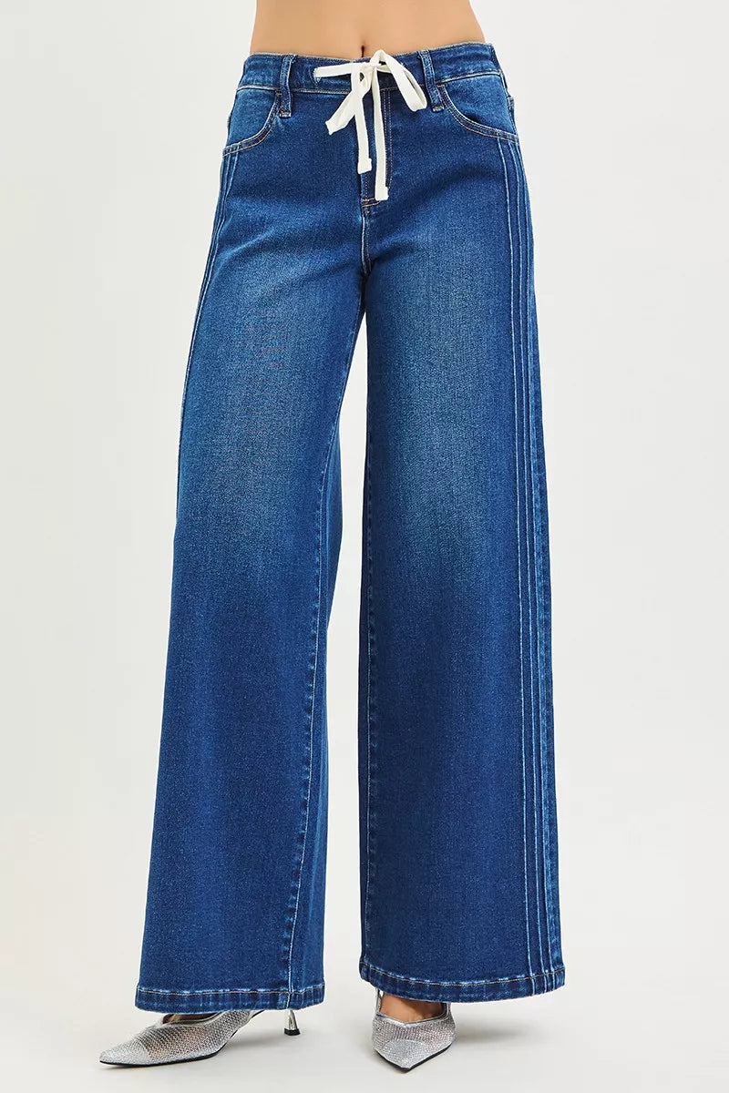 Front Lace Up Wide Leg Jeans Full Size -