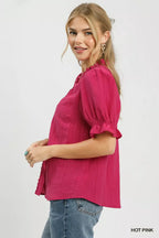 Textured Button Front Puff Sleeve Top -