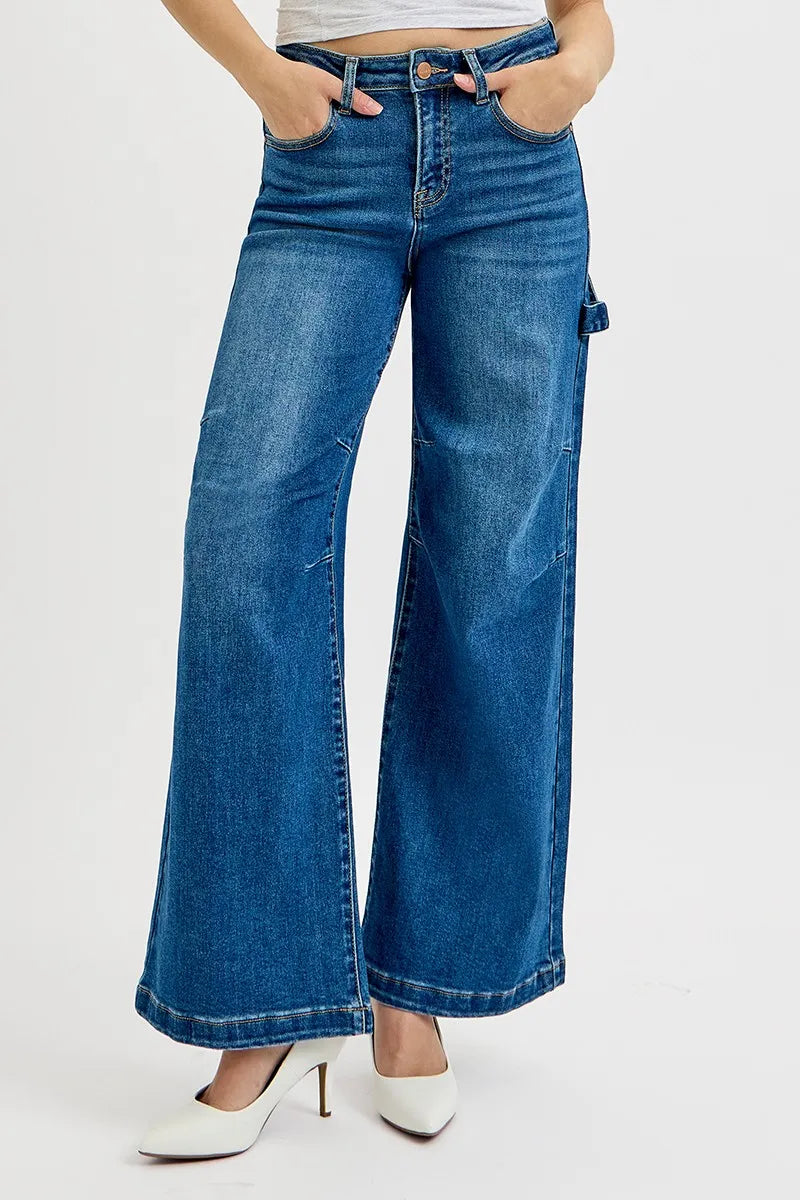 High Rise Patch Detail Wide Jeans -