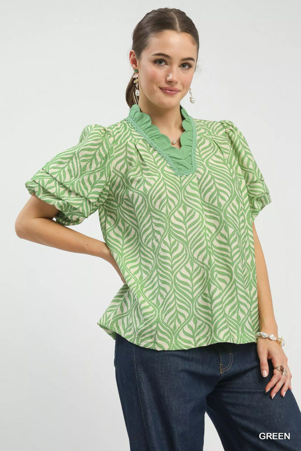 Printed Ruffle Neck Puff Sleeve Top -