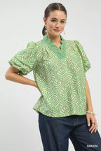 Printed Ruffle Neck Puff Sleeve Top -