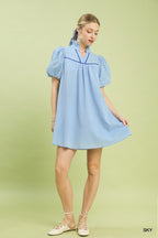 Textured Puff Sleeve Babydoll Dress - SKY