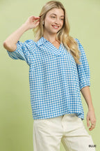 Blue Gingham Collared Puff Sleeve Blouse -