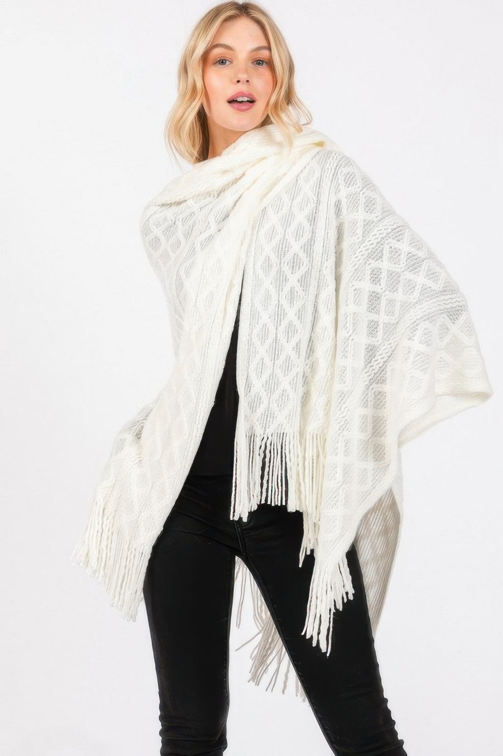 Diamond Tassel Knit Ruana - Ivory One Size Fits All