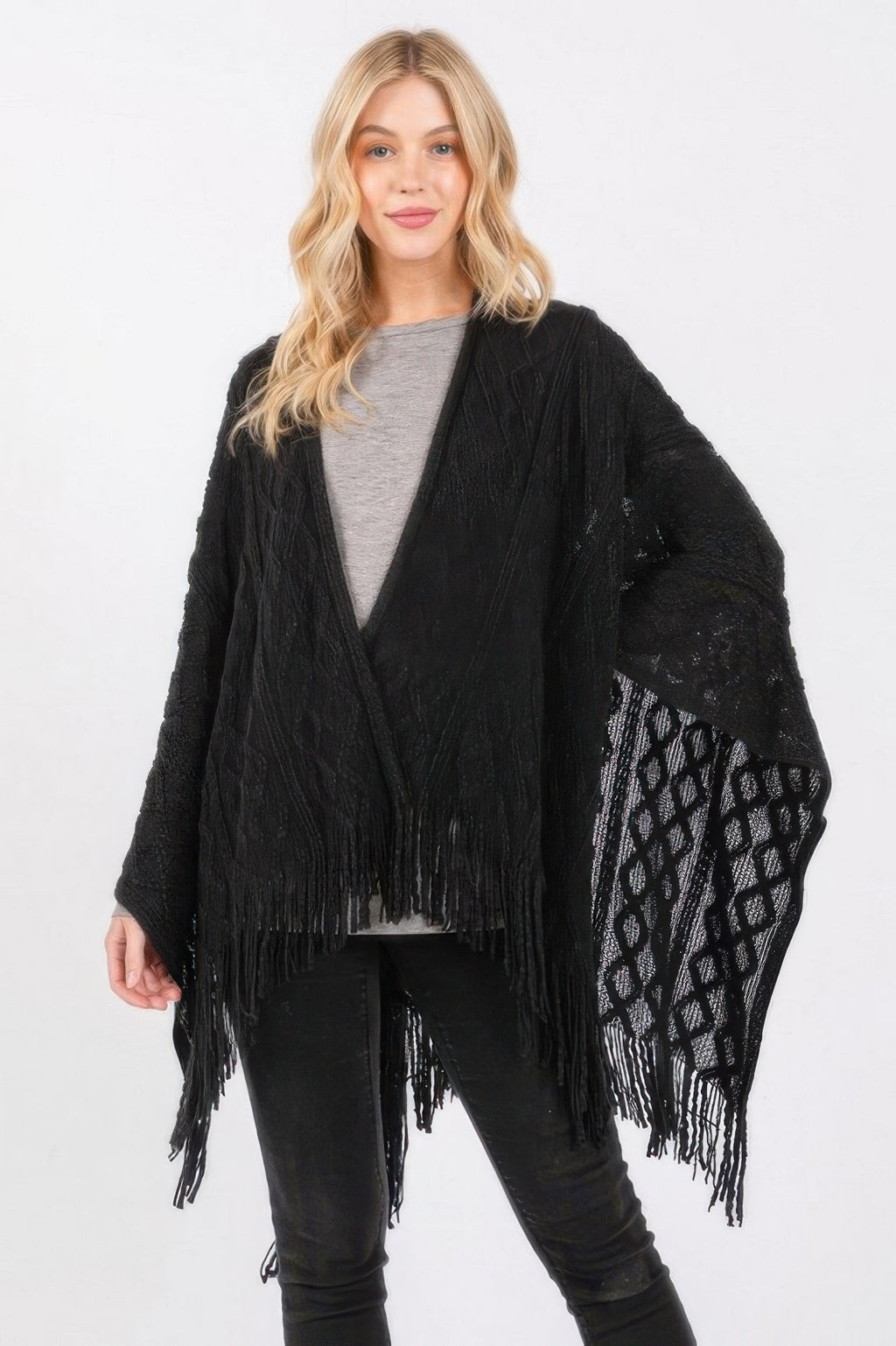 Diamond Tassel Knit Ruana - Black One Size Fits All