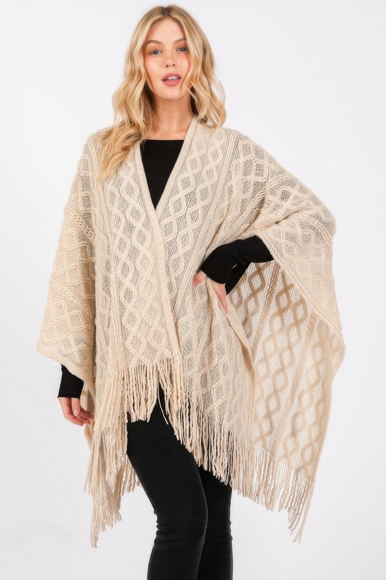 Diamond Tassel Knit Ruana - Beige One Size Fits All