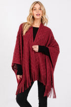 Diamond Tassel Knit Ruana - Burgundy One Size Fits All