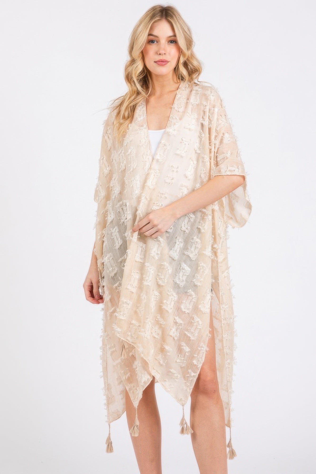 Distressed Pattern Tassel Kimono - Beige