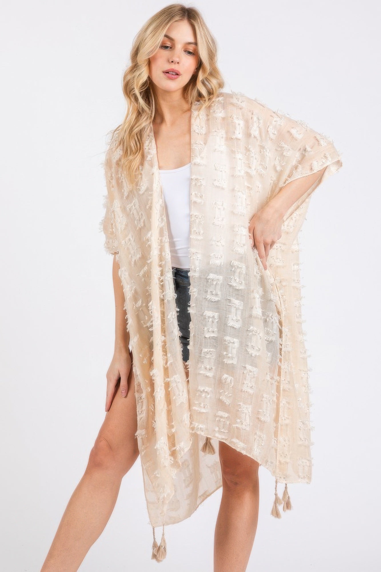 Distressed Pattern Tassel Kimono -