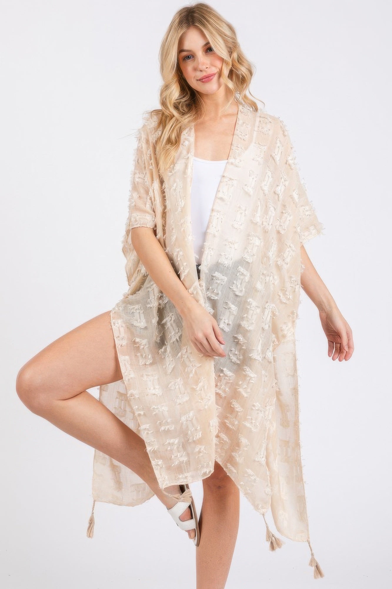 Distressed Pattern Tassel Kimono -