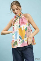 Abstract Floral High Neck Halter Top - CREAM