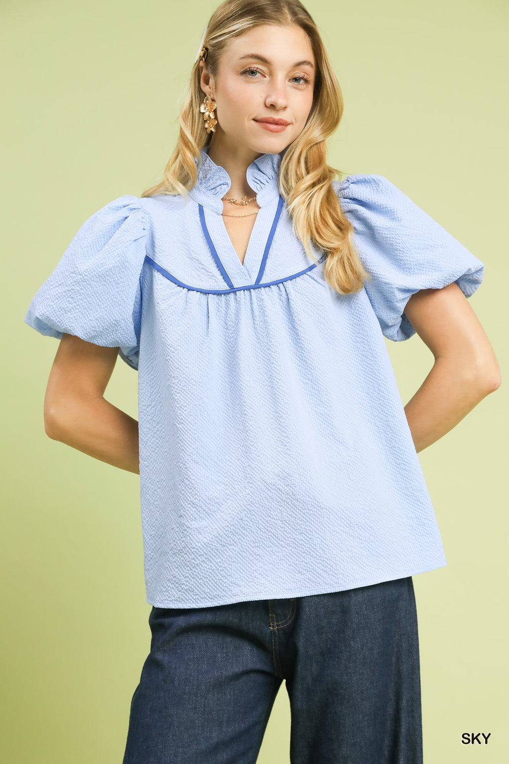 Textured Puff Sleeve Split Neck Blouse - SKY