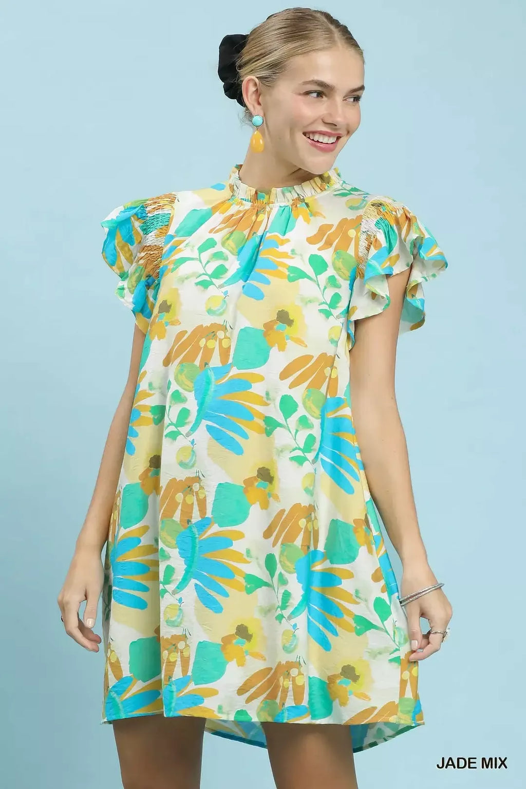 Botanical Ruffle Sleeve Mini Dress -