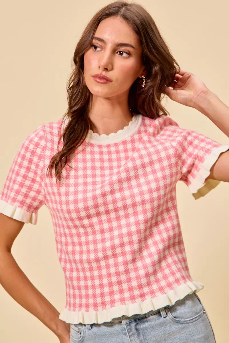 Gingham Ruffle Knit Sweater Top -