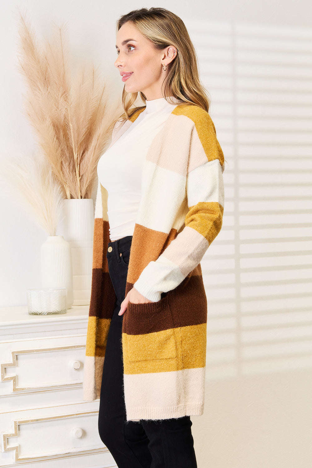 Neutral Color block Longline Sweater Cardigan -