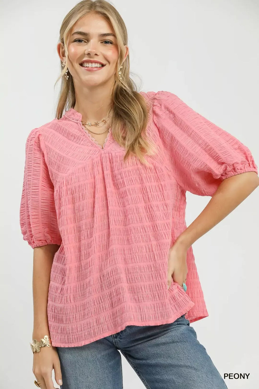 Textured Puff Sleeve Blouse - PEONY