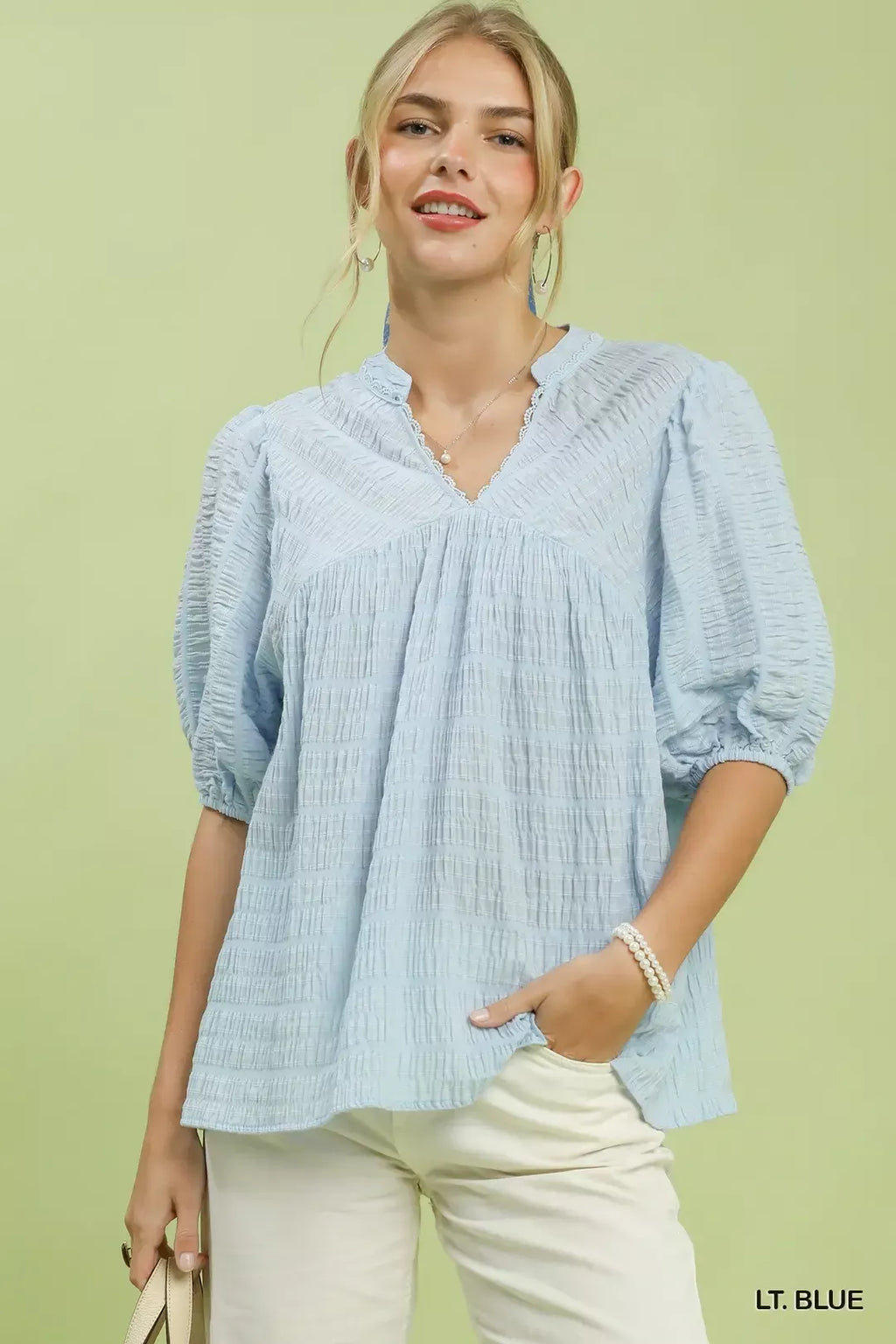 Textured Puff Sleeve Babydoll Blouse - LT. BLUE