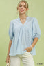 Textured Puff Sleeve Babydoll Blouse - LT. BLUE