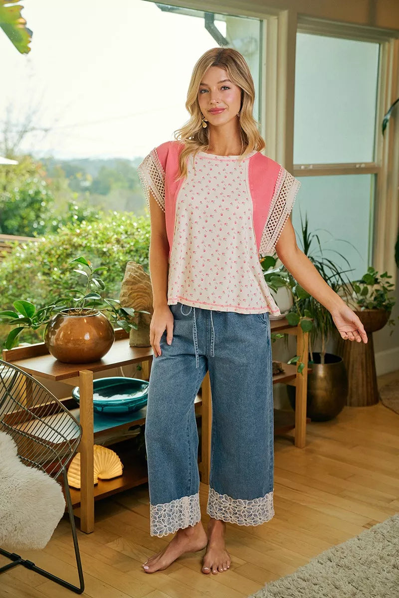 Lace Trim Wide Leg Pants -