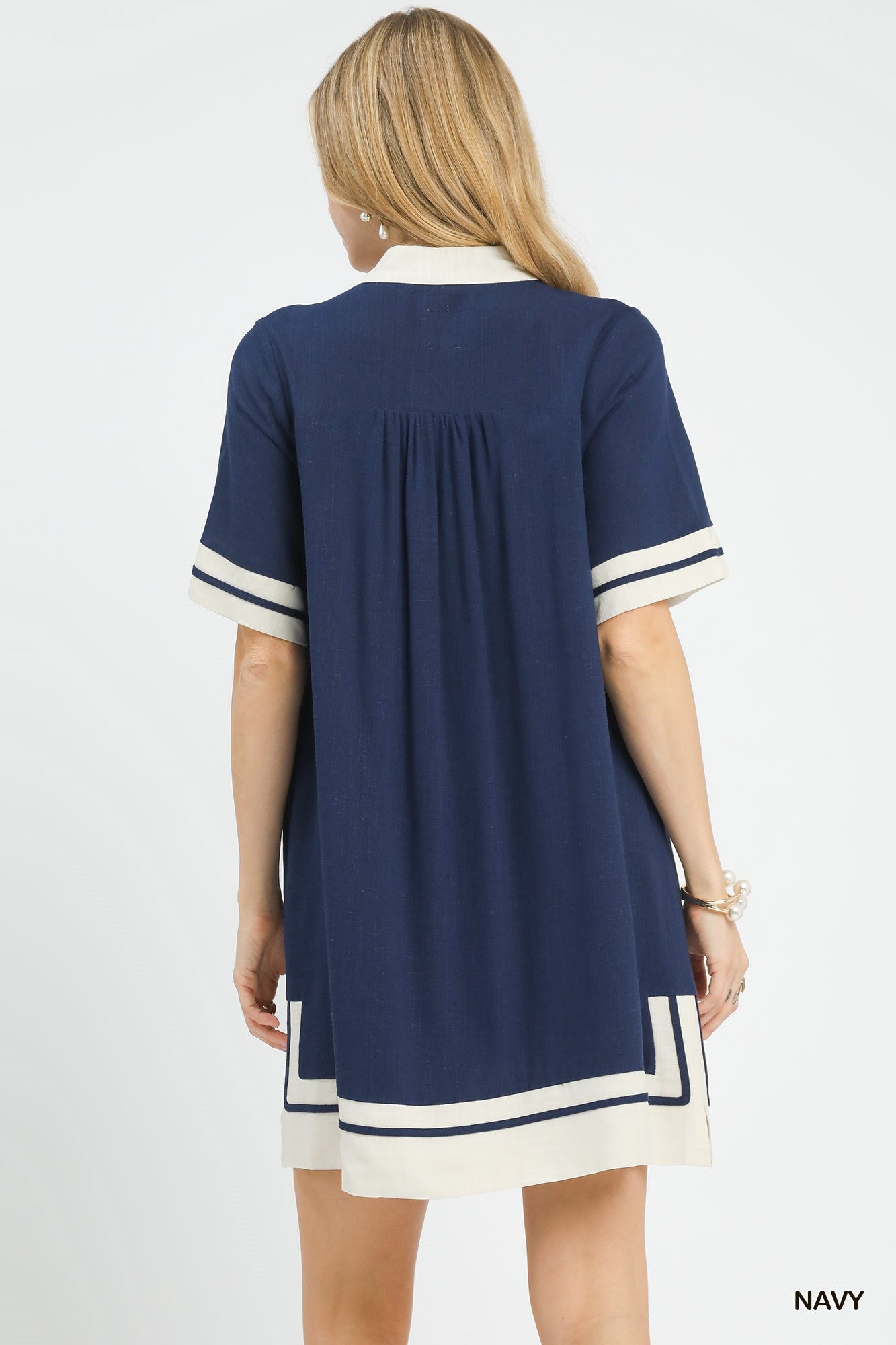 Contrast Trim Linen Split Neck Mini Dress -
