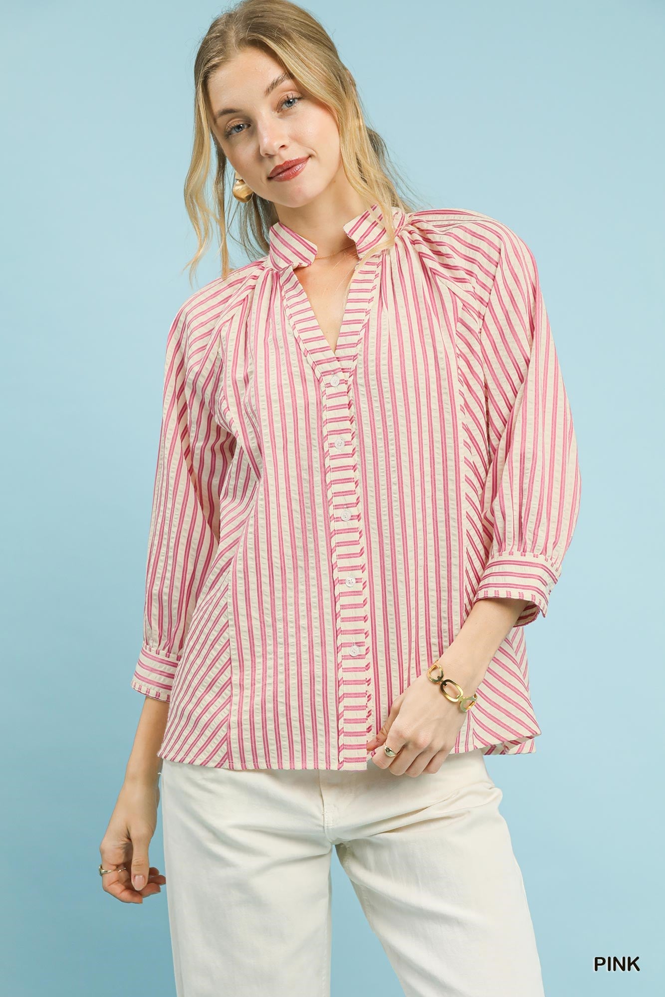 Ruffle Trim Striped Blouse - PINK Main image