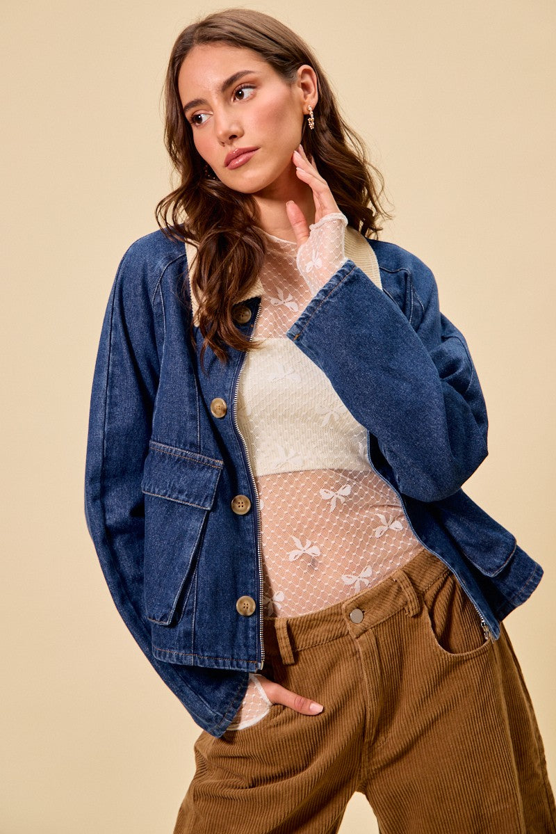 Contrast Collar Denim Jacket -