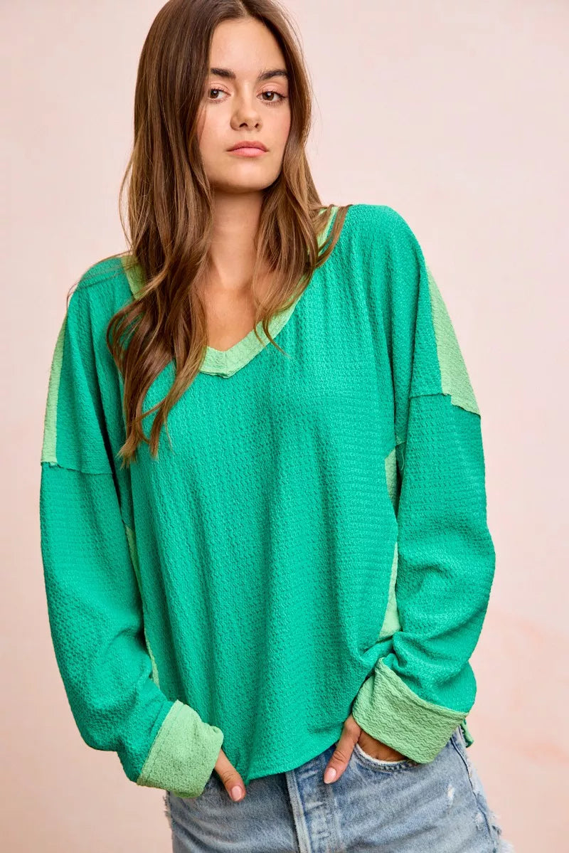 Textured Color Block V-Neck Pullover -