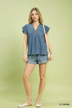 Cap Sleeve Denim Babydoll Top -