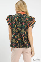 Floral Contrast Trim Flutter Blouse -