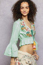 Mint Floral Embroidered Cropped Tie Blouse -