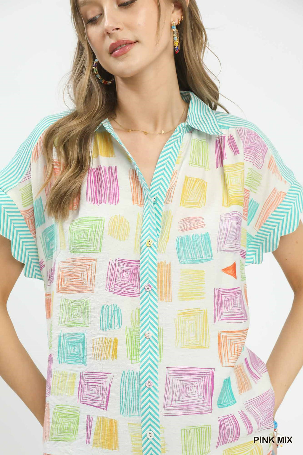 Mixed Print Collared Button Blouse -