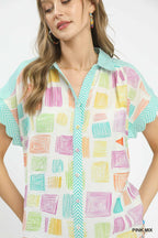 Mixed Print Collared Button Blouse -