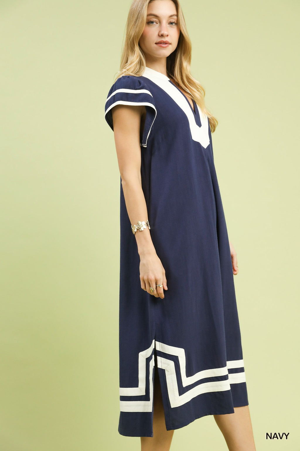 Contrast Neckline Linen Cotton Midi Dress -