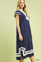 Contrast Neckline Linen Cotton Midi Dress -
