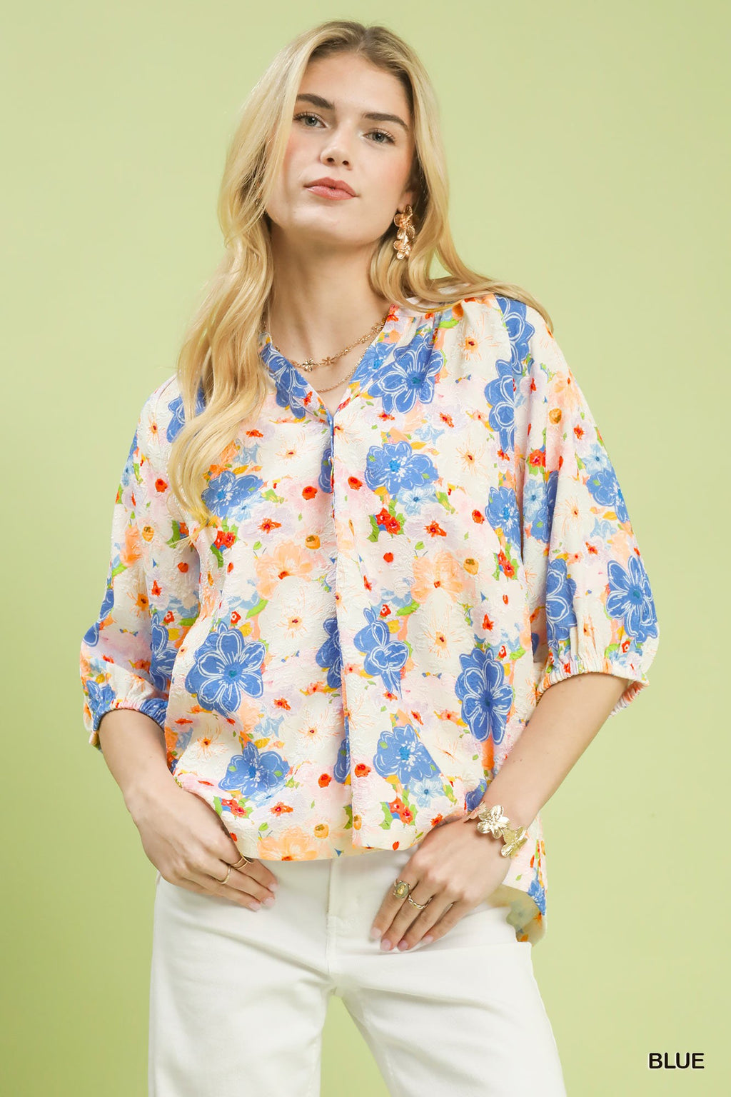 Painterly Floral Button Blouse - BLUE