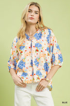 Painterly Floral Button Blouse - BLUE