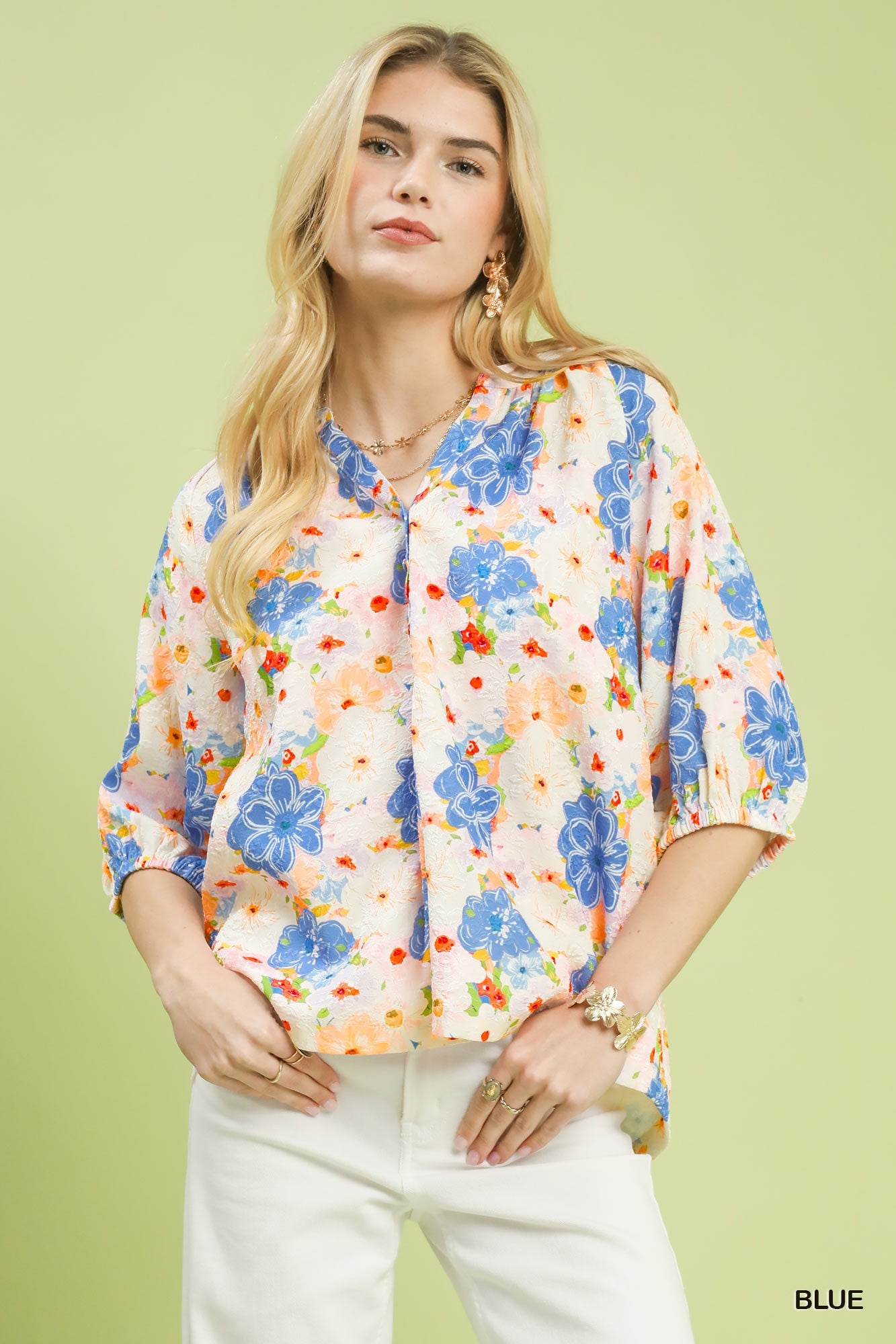 Painterly Floral Button Blouse - BLUE