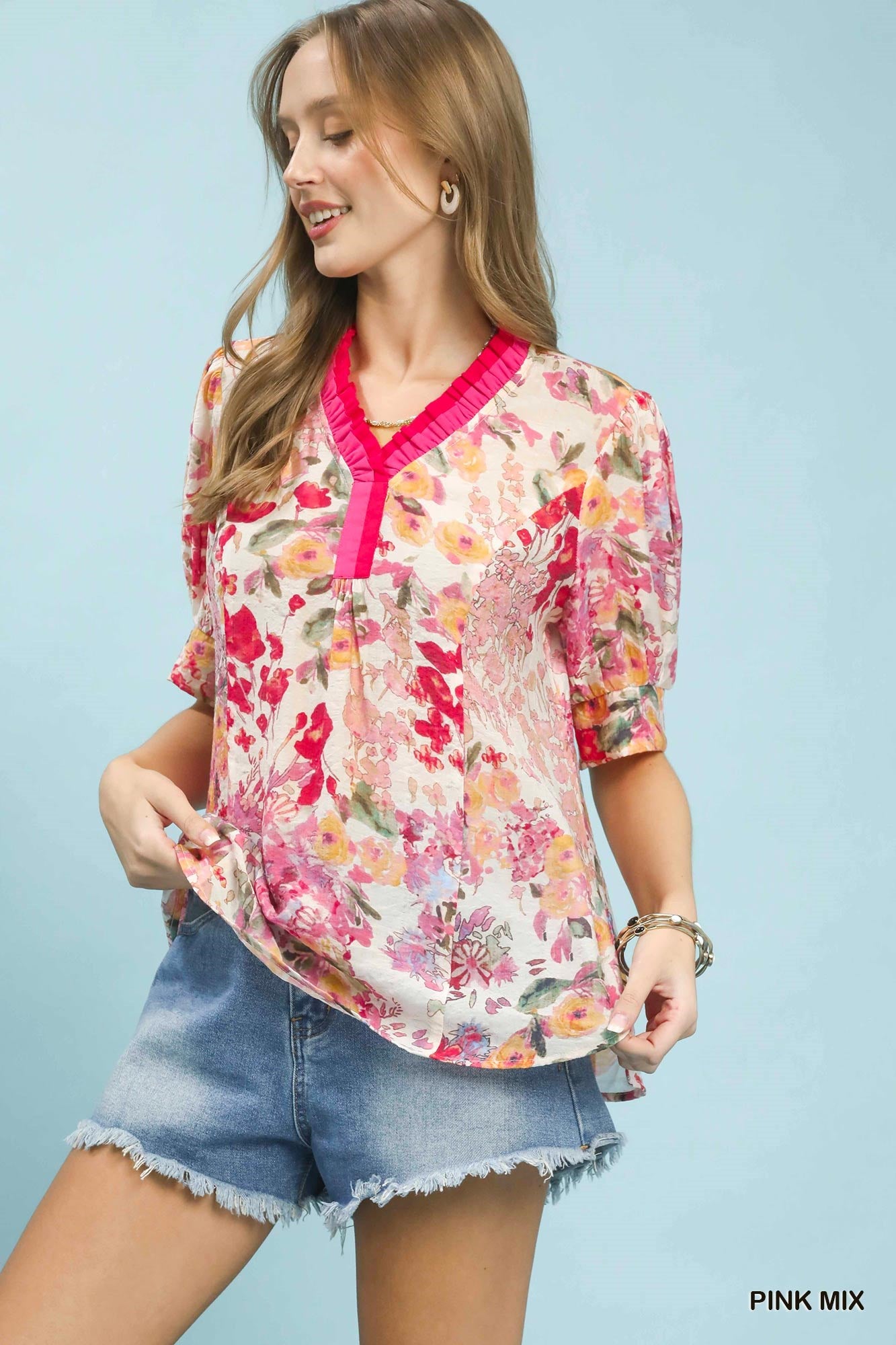 Floral Contrast Pleat Neck Blouse -
