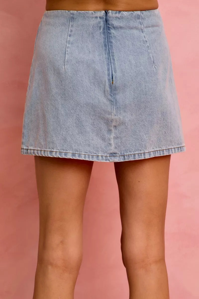 Lace Ribbon Trim Denim Mini Skirt -