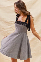 Houndstooth Fit Flare Shoulder Tie Dress -