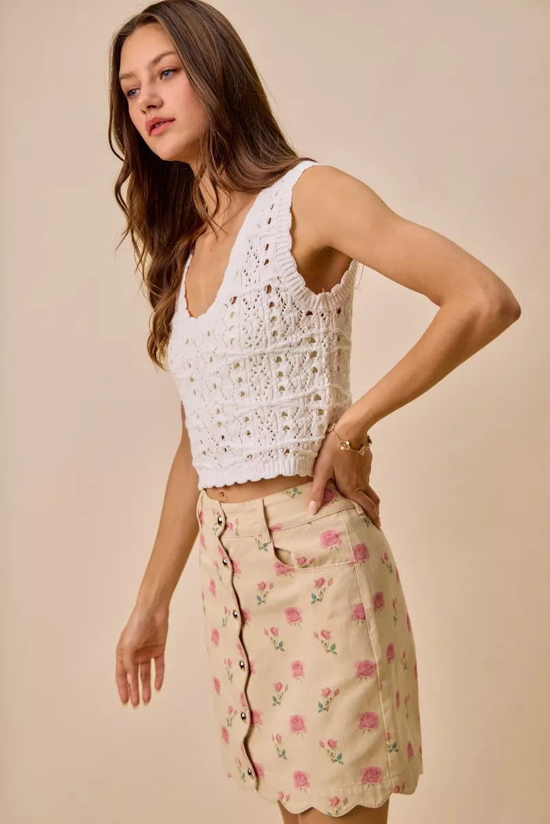 Rose Print Scallop Mini Skirt -