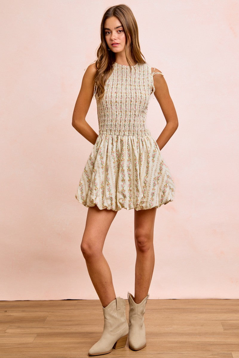 Floral Bow Tie Puff Sleeve Dress -