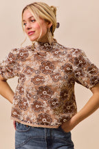 Textured Floral Mesh Puff Top -