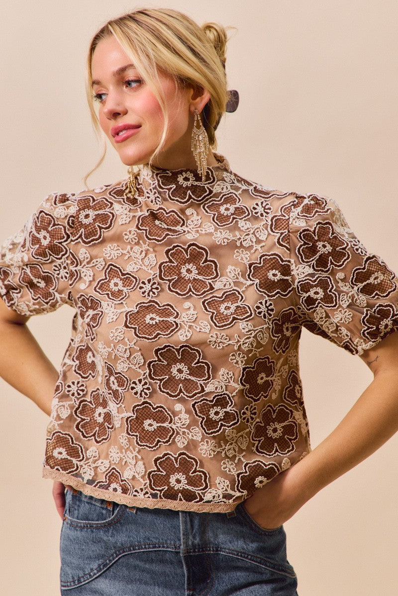 Textured Floral Mesh Puff Top -