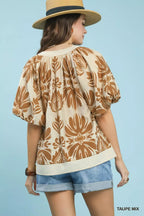 Printed Puff Sleeve Trim Blouse -