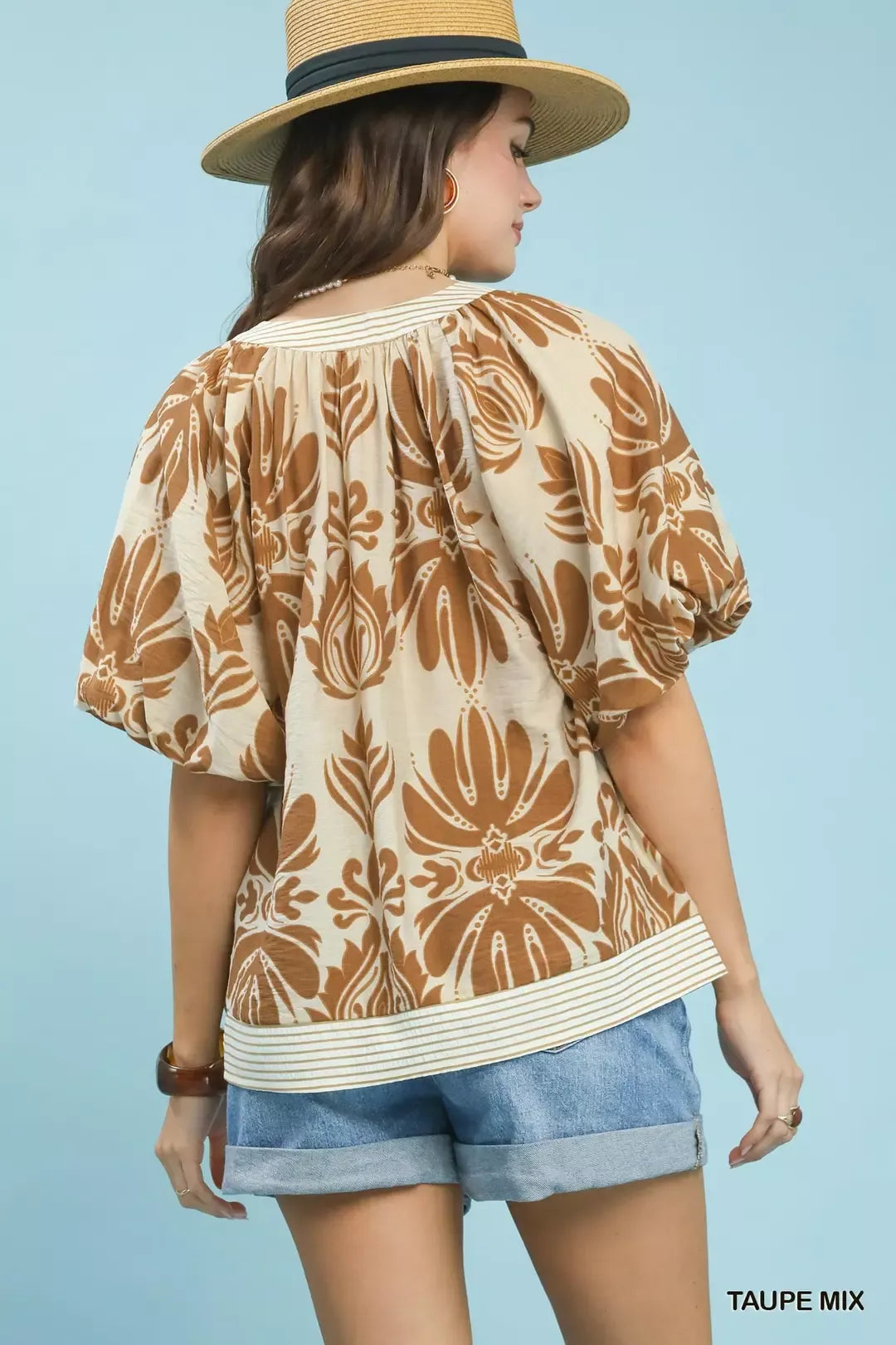Printed Puff Sleeve Trim Blouse -