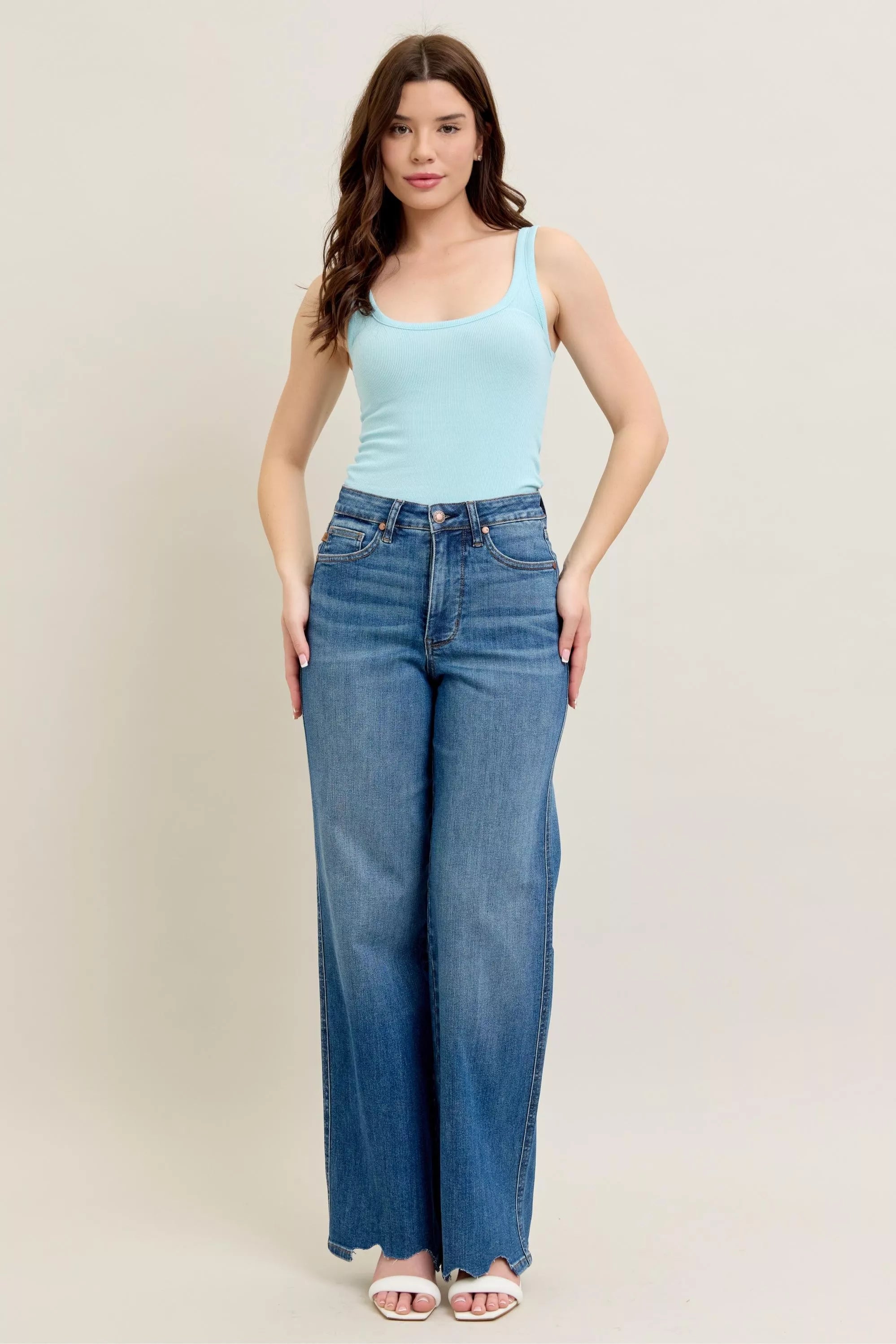 Tummy Control Wide Leg Frayed HemJeans - MD