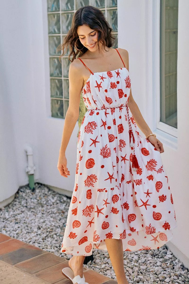 Shell Print Belted Midi Dress -