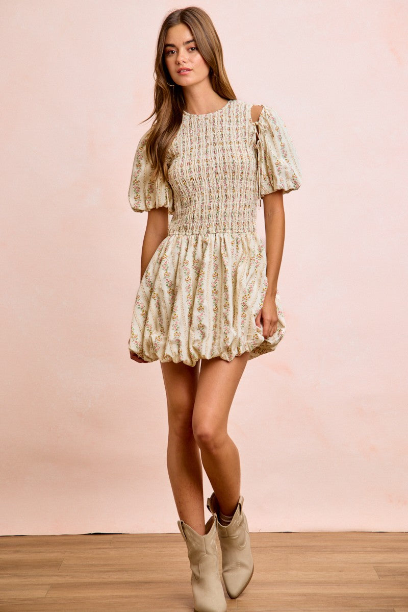 Floral Bow Tie Puff Sleeve Dress -